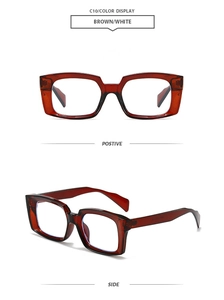 Detail view of brown rectangle eyewear frame with positive and side angle displays