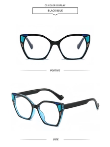 Detail of cat-eye square sunglasses with unique blue and cyan color block geometric patterns