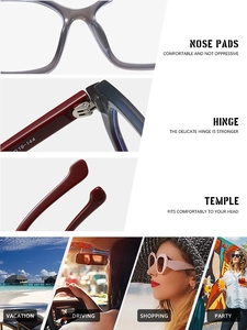 Vue détaillée des lunettes anti-lumière bleue carrées avec repose-nez et charnières