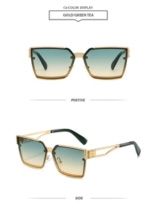Detailed views of gold square metal sunglasses with green tea gradient lenses
