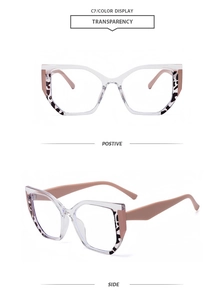 Detailansicht der Katzenaugen-Blaulichtbrille mit Leopardenmuster und nude Bügeln