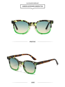 Detail of green leopard sunglasses frame with gradient green tea lenses and gold hinges