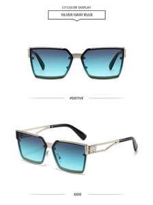 Detail of square metal sunglasses with hollow temples and blue gradient lenses