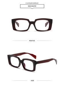 Detailed front and side views of thick-frame rectangular red and white retro sunglasses