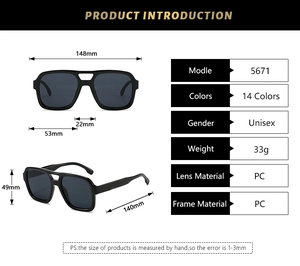 Detailed size chart for retro double-bridge pilot sunglasses showing dimensions and weights