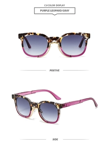 Detail view of purple leopard sunglasses with gradient lenses and gold bridge