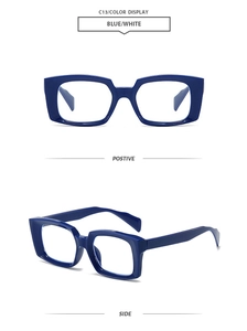 Detail view of deep blue rectangular thick frame glasses with wide temple design
