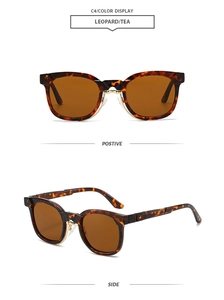 Detail view of leopard print sunglasses with tea lenses showing front and side angles