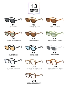 Grid view of thirteen colorful retro square sunglasses featuring diverse frame finishes