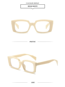Front and side views of beige rectangular thick frame blue light blocking glasses