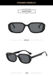 Front and side views of stylish square black sunglasses with dark gray lenses