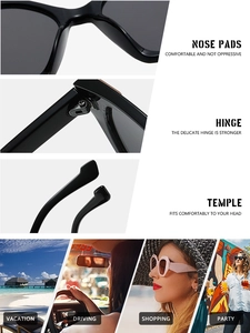 Detail view of integrated nose pads and metal hinges on square oversized sunglasses