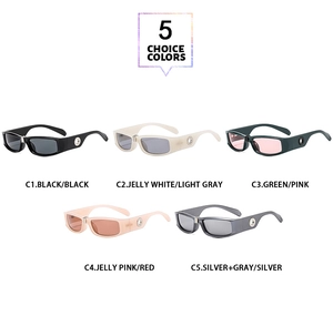 Five assorted colors of vintage rectangular sunglasses in Y2K style with metallic details