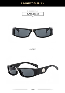 Detail view showing retro rectangle sunglasses with metallic silver bridge and ring accents