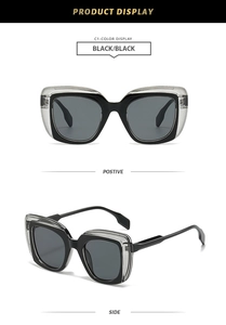 Front and side view of trendy oversized square sunglasses with black transparent double frames