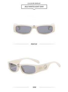 Detail view of jelly white rectangle sunglasses with metallic hollow accent and grey lenses