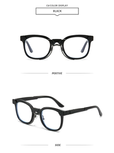 Front and 45-degree side views of black thick-frame retro fashion sunglasses