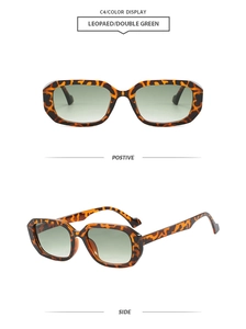 Front and side views of vintage square leopard sunglasses with double green lenses