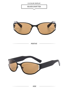 Détail de lunettes de soleil œil de chat noires avec verres thé clair et branches larges