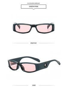 Detailed front and side views of rectangular green sunglasses with pink lenses