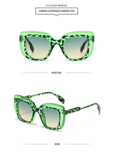 Detail view of square green leopard print sunglasses with gradient lenses in C3 color