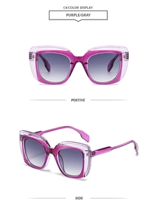 Dual-angle view of trendy purple transparent square sunglasses with gradient gray lenses