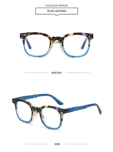 Front and side views of stylish blue leopard print retro sunglasses with metal bridge