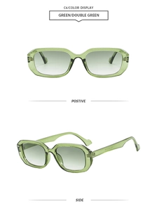 Front and side view of retro square sunglasses with green frame and gradient lenses
