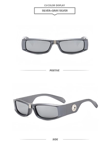 Detail of silver rectangular sunglasses with unique hollow circular metal temple design