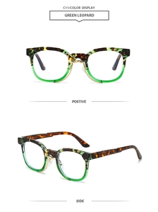 Macro detail of retro green leopard print eyeglass frames with gold metal hinges