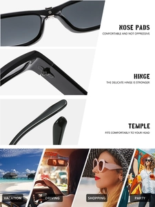 Detail view of reinforced hinges and comfortable nose pads on black rectangular sunglasses