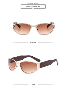Détail de lunettes de soleil œil de chat dorées avec verres dégradés sous deux angles