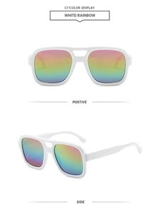 Detail of white double-bridge aviator sunglasses featuring vibrant rainbow gradient lenses