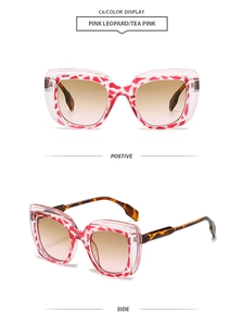 Detail of pink leopard print frames and tea pink gradient lenses on fashion sunglasses