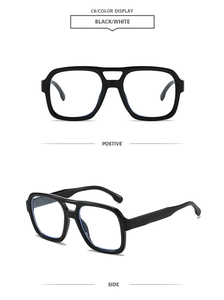 Detailed front and side views of black double-bridge aviator frames with blue light lens