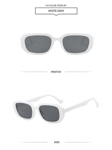 Front and side view of white rectangular sunglasses with gray lenses for outdoor UV protection