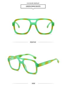 Detail view of double-bridge aviator sunglasses in green demi with orange spotted pattern