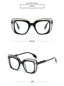 Detail view of square glasses with black inner frame and transparent outer layer