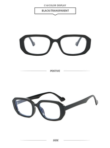 Detail view of vintage square black frames with transparent lenses from front and side