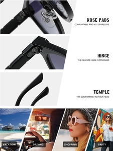 Detail of comfortable nose pads and reinforced hinges on black fashion sunglasses