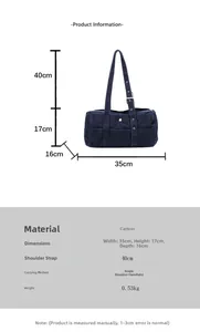 Detailed size chart and dimensions for the navy canvas large capacity tote shoulder bag