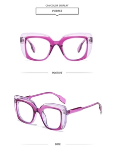 Detail view of purple dual-tone square glasses frames with transparent finish