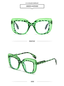Detail view of large green leopard print frames with transparent finish and dual angles