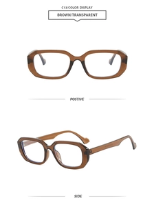 Front and side view of brown transparent geometric square sunglasses in C13 finish