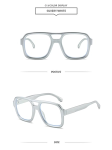 Detail view of silver double-bridge aviator frames showing positive and side perspectives