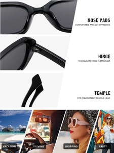 Detail of integrated nose pads and sturdy metal hinges on retro square sunglasses