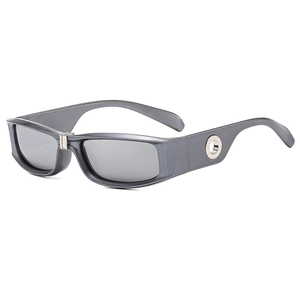 Grey rectangular narrow frame sunglasses with vintage futuristic silver metal detailing