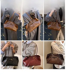 Detail view of large vintage tote bags in brown, black and burgundy leather finishes
