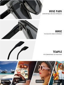 Detail view of reinforced hinges, nose pads, and ergonomic temples for trendy sunglasses