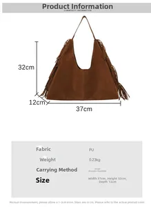 Detailed view of brown fringe hobo bag with size 37x32x12cm and soft PU suede texture